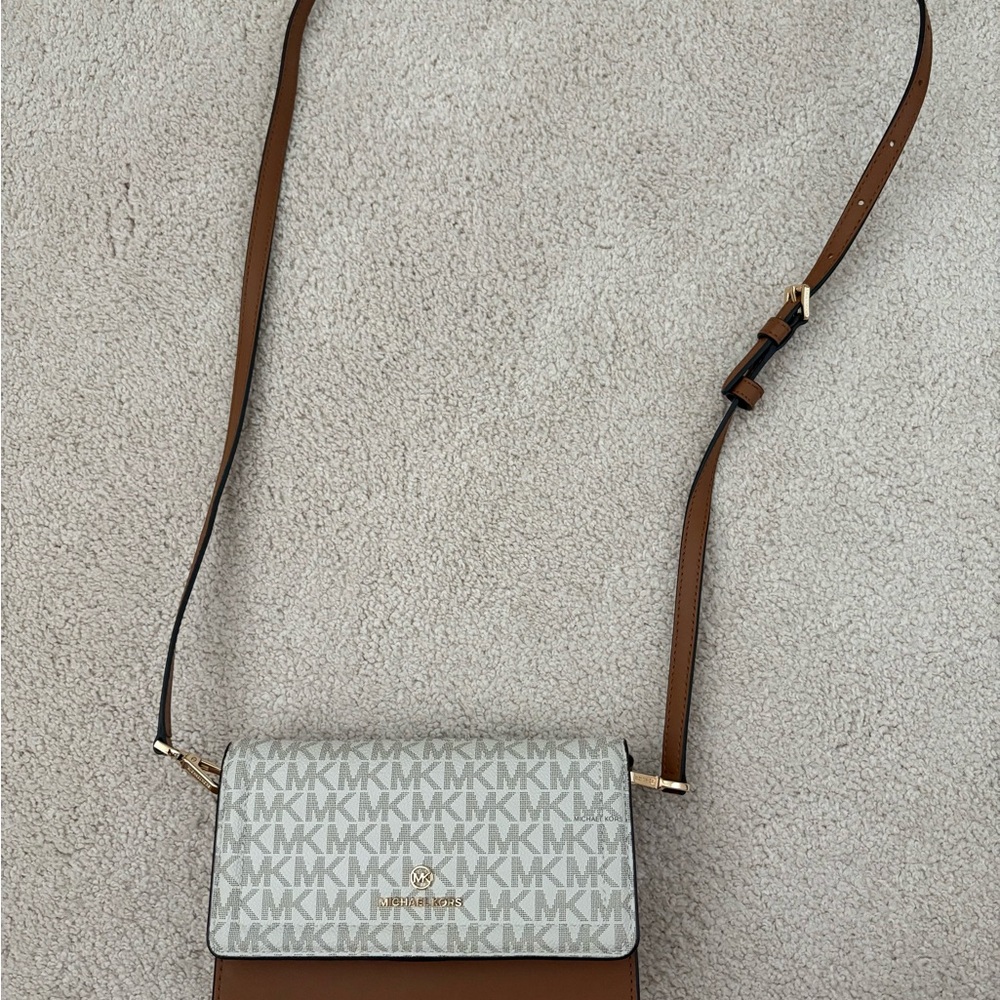 Michael Kors Cream and Brown Crossbody Bag with Signature MK Pattern